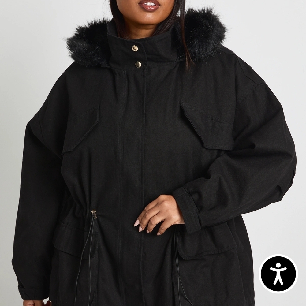 Boohoo Midnight Black Puffer Jacket with Plush Fur